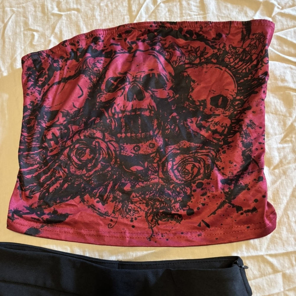 Red and Black Skull Print Tube Top With Black Skirt